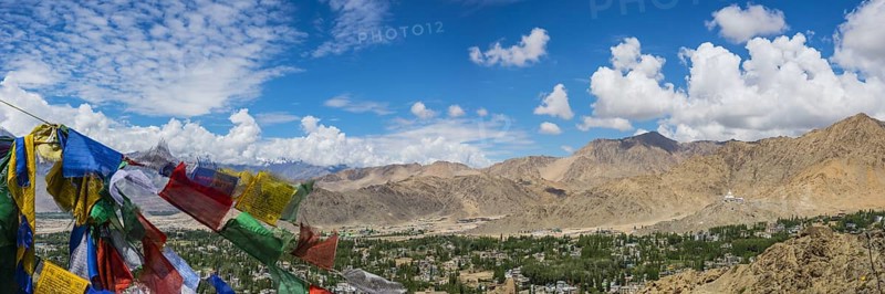 Panorama from Tsenmo hill over Leh and the Indus valley to Stok Kangri, 6153m, Ladakh, Jammu and Kashmir, India, Asia