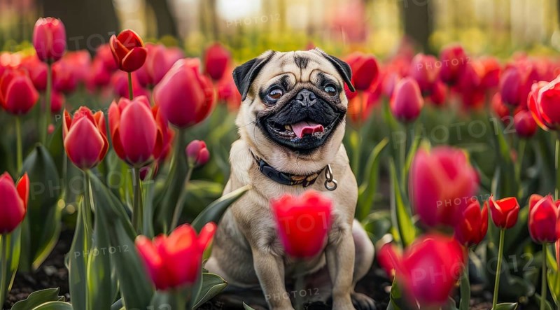 Portrait of a pug standing in the field with flowers, AI generated