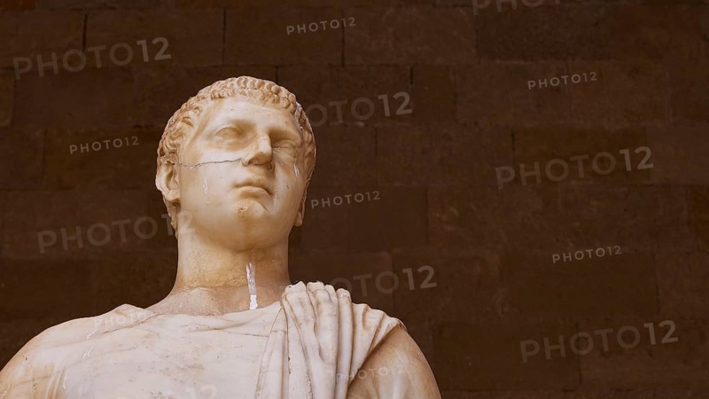 Marble bust of a man from antiquity with sharply cut facial features, head from the 1st century BC, courtyard, Grand Master's Palace, Knights' Town, Rhodes Town, Rhodes, Dodecanese, Greek Islands, Greece, Europe