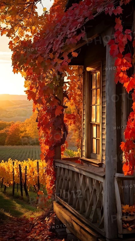 Close up of a rustic vineyard cottage nestled in a canopy of vines leaves showcasing autumns color palette in the golden hour, AI generated