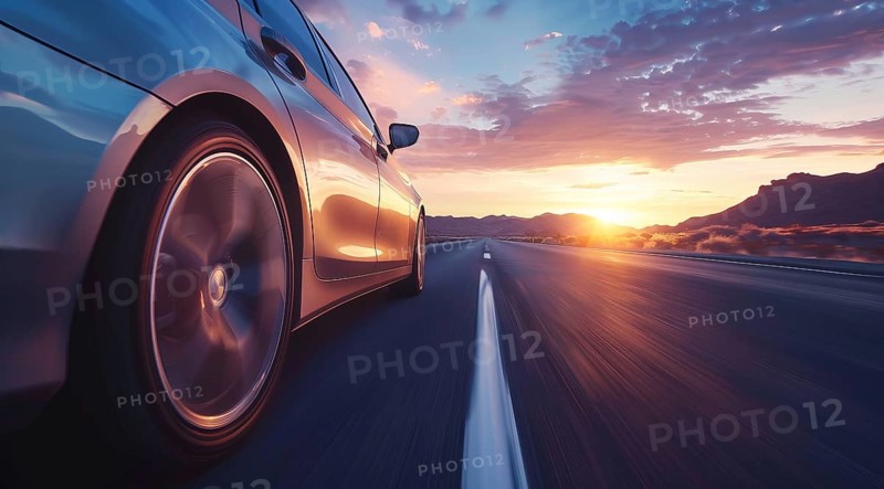 Low angle view of a modern luxury car on a road trip with a sunset in the background, AI generated