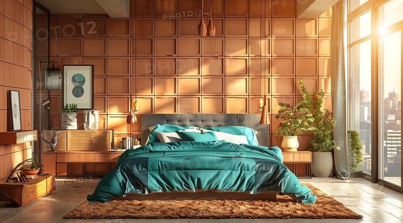 Modern bedroom in a condo or loft with modern trendy furniture. Large and bright space, AI generated