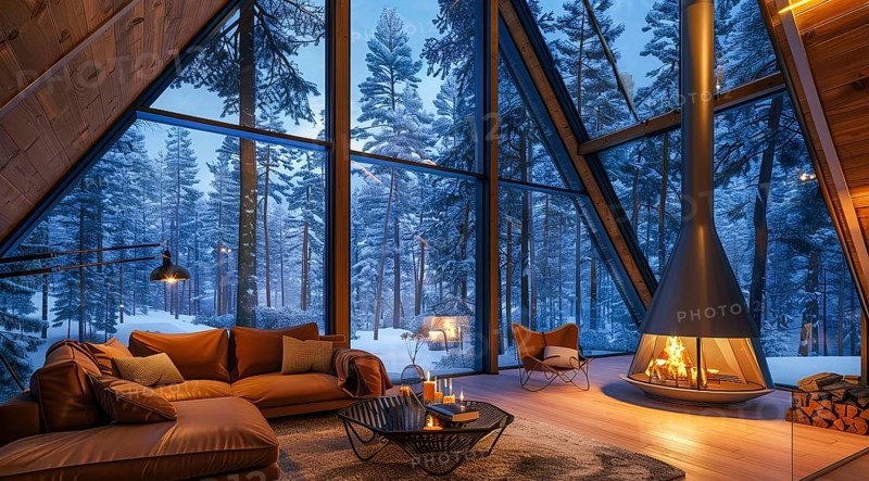 Modern living room in a chalet with furniture. Large and bright space with floor to ceiling windows, AI generated