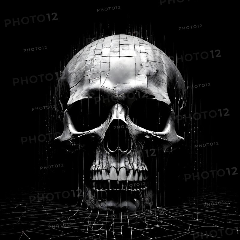 Broken skull with a cascade of binary digits forming a tidal wave stream, AI generated