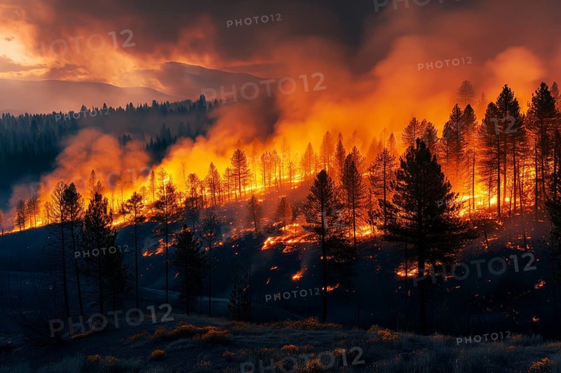 View of a forest fire is raging through a forest, with smoke and flames visible in the air. The scene is chaotic and dangerous, with trees and other vegetation being consumed by the fire, AI generated