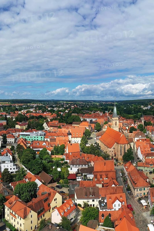 Aerial view of the historic old town of Schwabach with a view of the town church of St John and St Martin. Schwabach, Middle Franconia, Bavaria, Germany, Europe