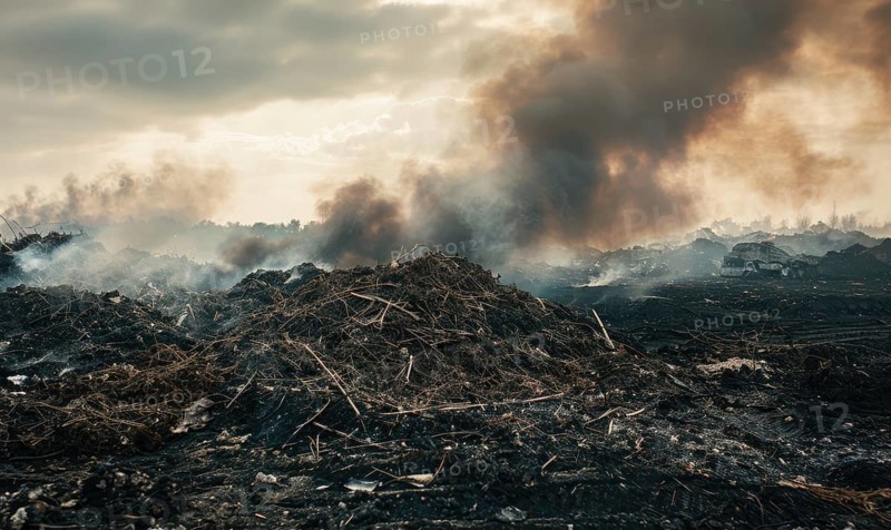 Smoke rising from a burning landfill, air pollution AI generated