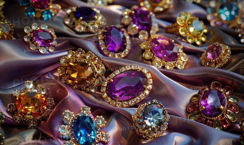 A captivating photograph showcasing a collection of vibrant gemstone brooches arranged on a luxurious satin material background AI generated