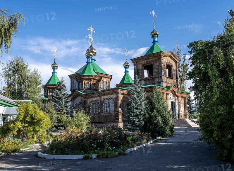 Russian Orthodox Church Cathedral of the Holy Trinity, wooden church with green spires, Karakol, Kyrgyzstan, Asia