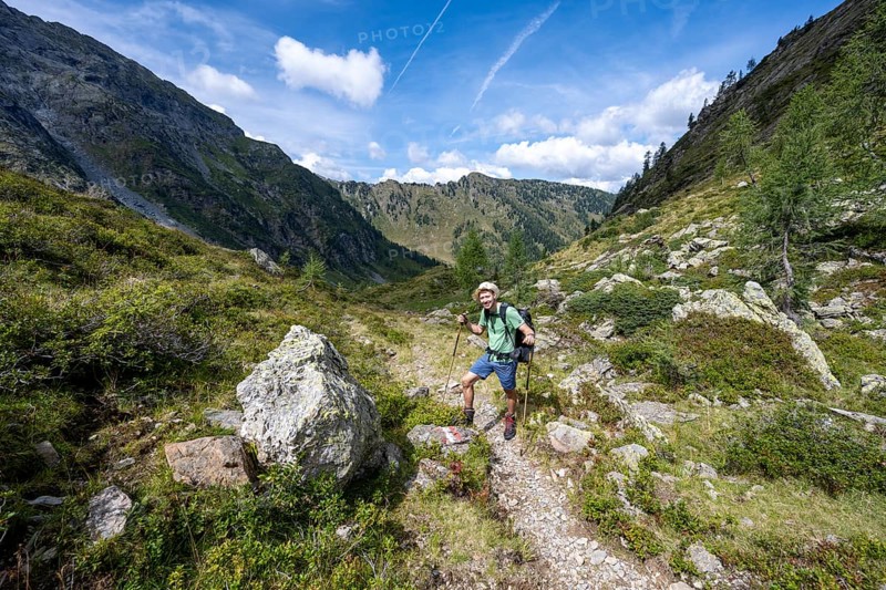 Mountaineer on a hiking trail, mountain landscape with green meadows and larches, Obergailtal, Carnic Main Ridge, Carnic Alps, Carinthia, Austria, Europe