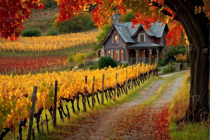 Rustic vineyard cottage nestled in a canopy of vines leaves showcasing autumns color palette in the golden hour, AI generated