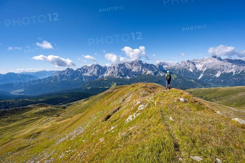 Mountaineers on a hiking trail between green mountain meadows on a mountain ridge, mountain panorama, view of rocky mountain peaks of the Sesto Dolomites, Carnic Main Ridge, Carnic High Trail, Carnic Alps, Carinthia, Austria, Europe