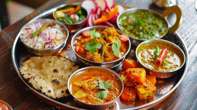 Assorted Indian dishes served in metal bowls, featuring curries, rice, and chapati, AI generated