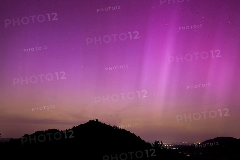 Northern lights in southern Germany. Very strong auroras over the Limburg near Weilheim, Swabian Alb. At 3 o'clock in the night on 11.05.2024