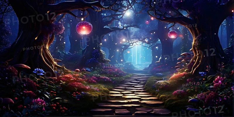AI generated enchanted forest illustration intertwining trees aglow with magical light