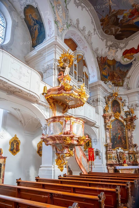 Baroque pulpit with golden decorations, interior view of the Catholic parish church, Minster of Our Lady, Lindau Island, Lake Constance, Bavaria, Germany, Europe
