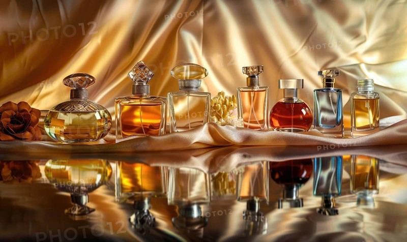 A collection of perfume bottles arranged on a satin material background AI generated