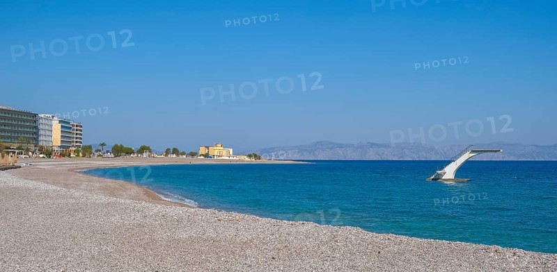 Elli Beach, city beach, free-standing diving tower in the sea, Rhodes, Dodecanese archipelago, Greek islands, Greece, Europe