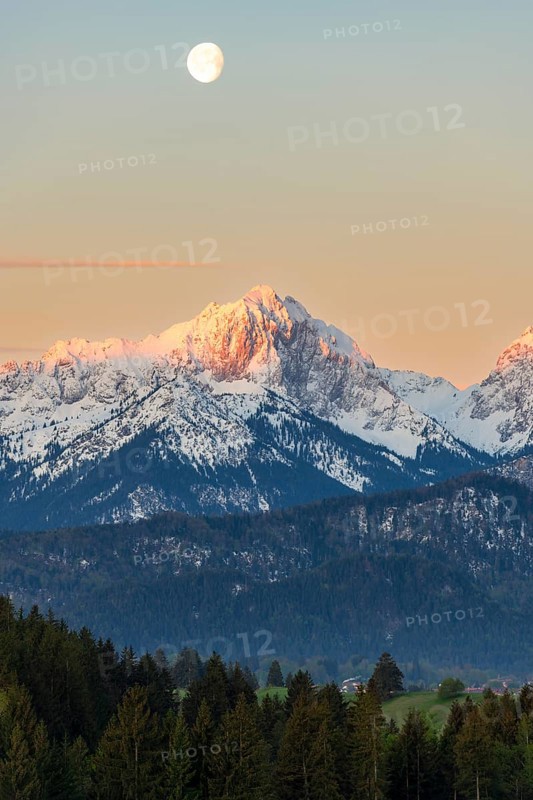 Allgaeu Alps, view from Hegratsrieder See, snow, dawn, moon, Allgaeu, Bavaria, Germany, Europe