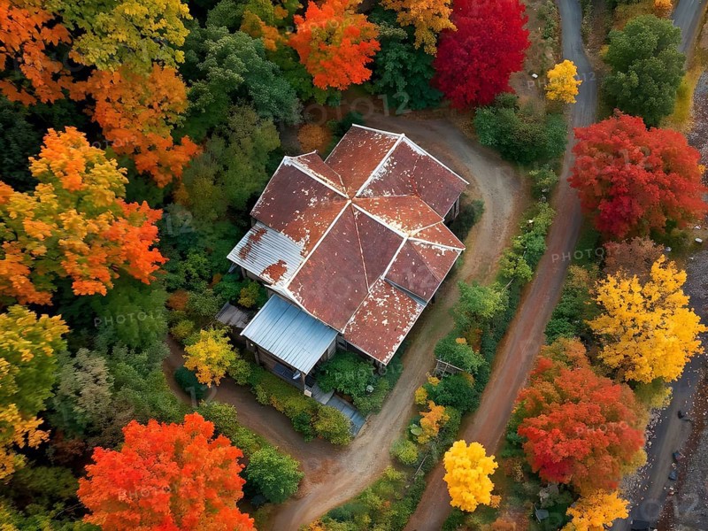 Aerial view of a rustic vineyard cottage nestled in a canopy of vines leaves showcasing autumns color palette in the golden hour, AI generated