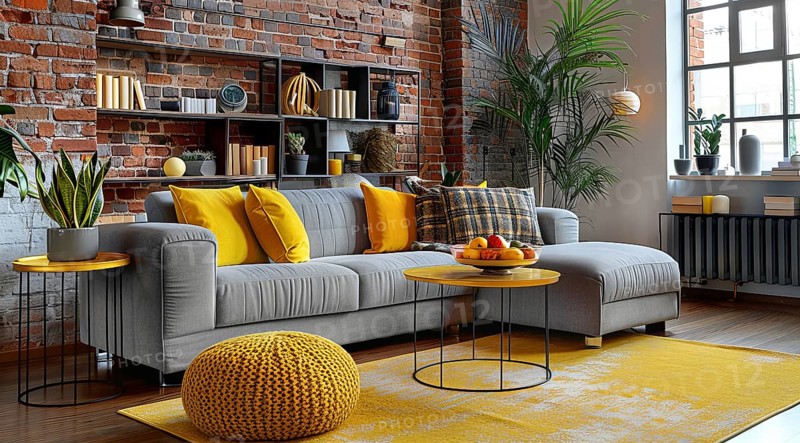 Modern living room in a condo or loft with modern trendy furniture a grey couch and yellow pillows, AI generated