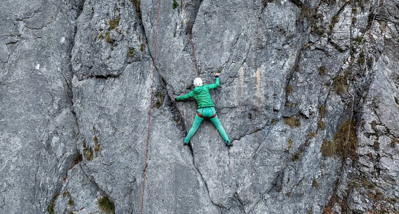 Sport climbing with rope, climber on a rock face, Frauenwasserl climbing garden, Ammergau Alps, Bavaria, Germany, Europe