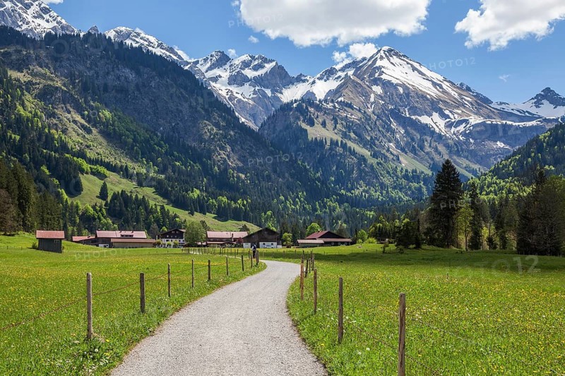 Path in Stillachtal, behind mountains of the Allgaeu Alps, Birgsau, near Oberstdorf, Oberallgaeu, Allgaeu, Bavaria, Germany, Europe