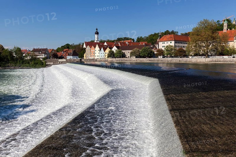 Historic old town centre of Landsberg am Lech, in front of the Lech weir, Upper Bavaria, Bavaria, Germany, Europe