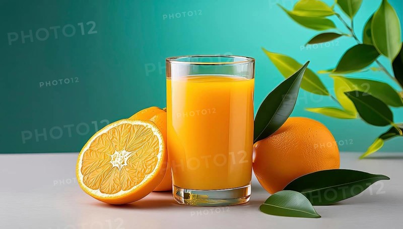A glass of orange juice, whole and halved oranges, green leaves, in front of a blue-green background, AI generated, AI generated