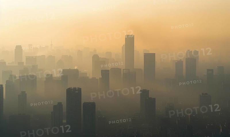 Urban landscape shrouded in smog with tall buildings barely visible AI generated