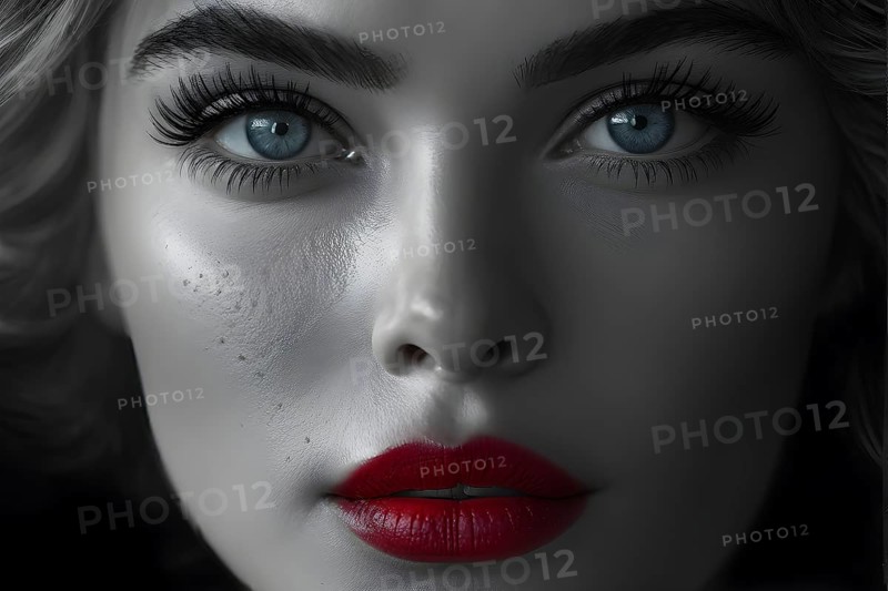 Monochromatic close up fashion portrait with blue eyes and red lips, AI generated