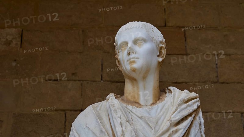 Detailed marble bust from antiquity with recognisable facial features, marble head from the island of Kos from the 1st century BC, courtyard, Grand Master's Palace, Knights' Town, Rhodes Town, Rhodes, Dodecanese, Greek Islands, Greece, Europe