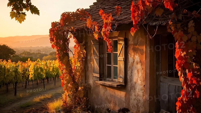 Close up of a rustic vineyard cottage nestled in a canopy of vines leaves showcasing autumns color palette in the golden hour, AI generated