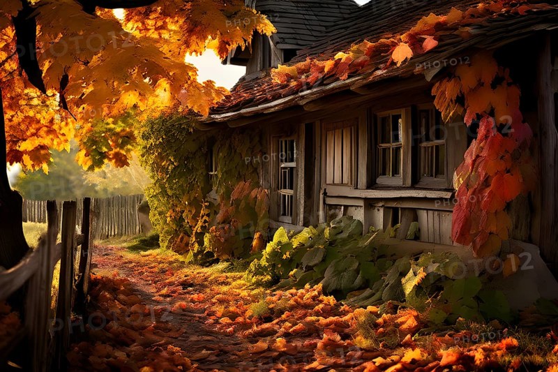 Close up of a rustic vineyard cottage nestled in a canopy of vines leaves showcasing autumns color palette in the golden hour, AI generated