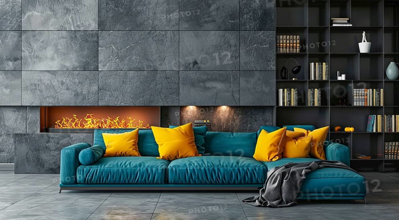 Modern living room in a condo or loft with modern trendy furniture, AI generated
