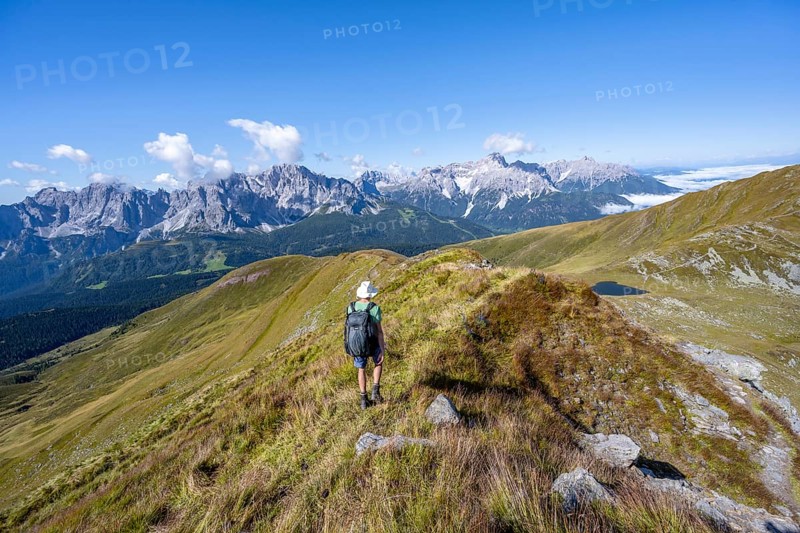 Mountaineers on a hiking trail between green mountain meadows on a mountain ridge, mountain panorama, view of rocky mountain peaks of the Sesto Dolomites, Carnic Main Ridge, Carnic High Trail, Carnic Alps, Carinthia, Austria, Europe