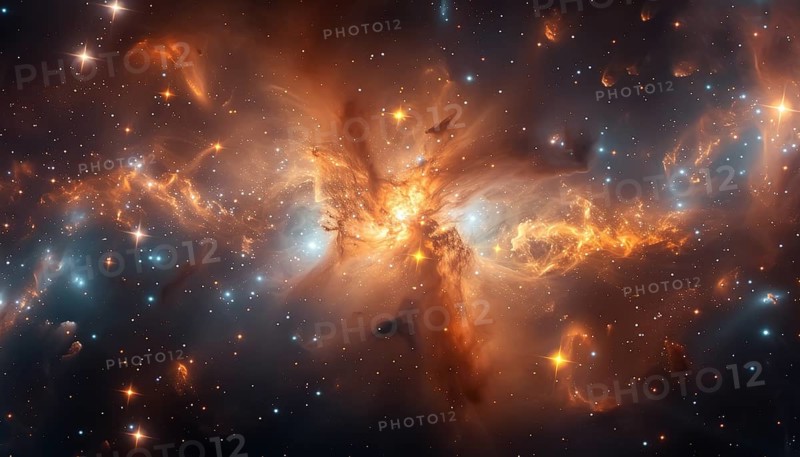 An expansive view of a galaxy with starburst effects and cosmic dust clouds, AI Generated, AI generated