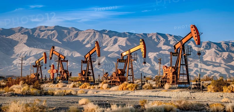 Large oil rig is in the desert. Concept of oil exploration, earth exploitation and corporate greed, AI generated