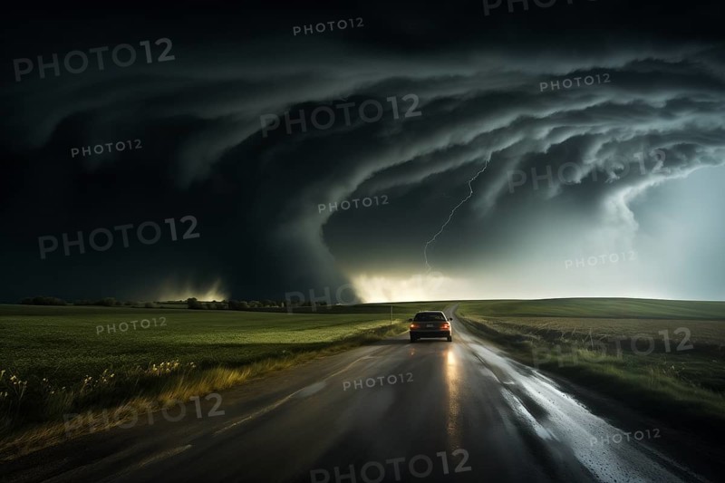 Disaster catastrophe storm concept, tornado in a field in the USA with car on road driving towards the storm in field under stormy dark sky, AI generated