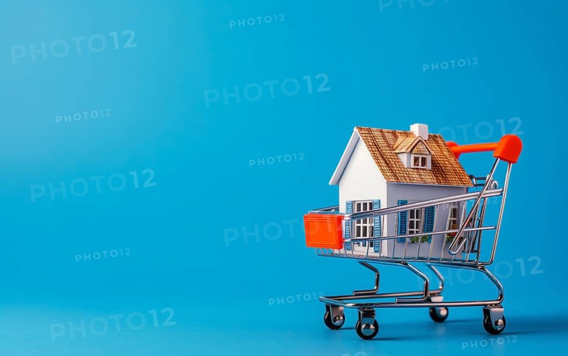 Real estate shopping concept, a house is a shopping cart on blue background, AI generated