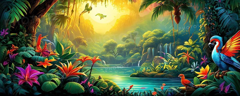 AI generated illustration of an enchanted fairy tale jungle inhabited by magical fantasy animals in vibrant colors