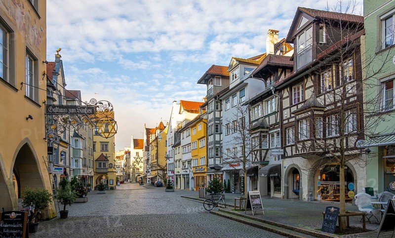 Maximilianstrasse in the old town, traditional houses with Fa Lindau Island, Lake Constance, Bavaria, Germany, Europe