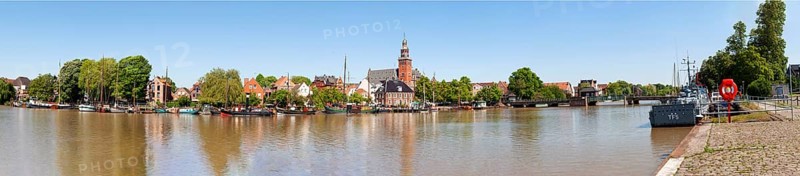 Museum harbour, town hall, navy ship, Leer, East Frisia, Germany, Europe