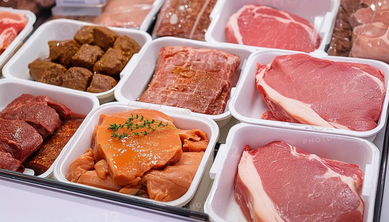 Meat, raw pork, schnitzel and steak, marinated and seasoned, in a display in a butcher's shop, AI generated, AI generated