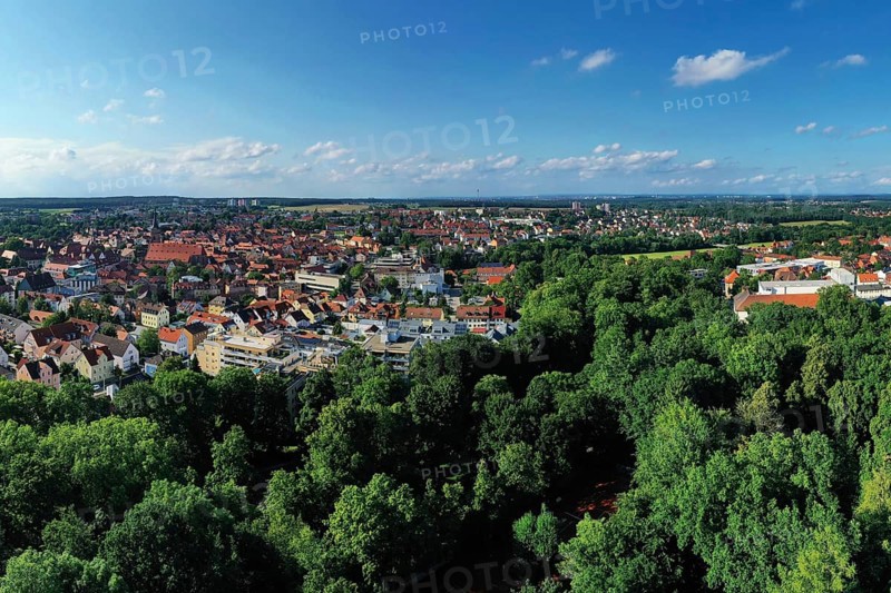 Aerial view of the historic old town of Schwabach with a view of the town church of St John and St Martin. Schwabach, Middle Franconia, Bavaria, Germany, Europe