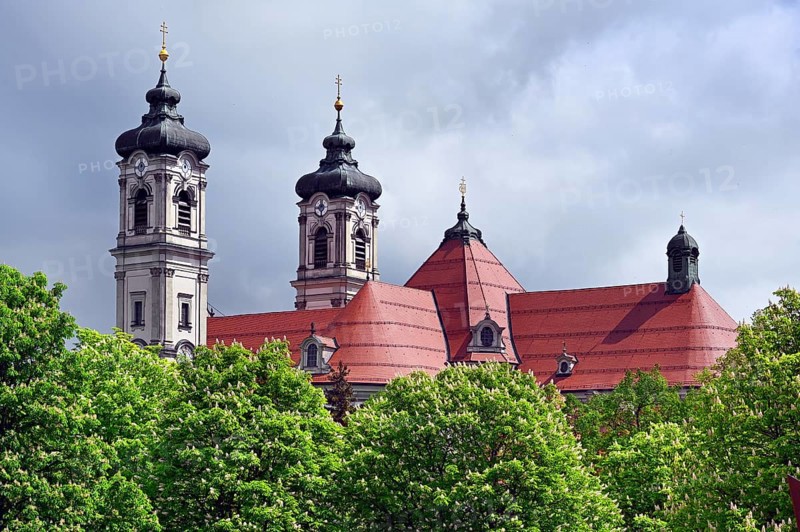 Church towers and roofs of the Basilica of St Alexander and St Theodor, Ottobeuren Monastery, Allgaeu, Swabia, Bavaria, Germany, Europe