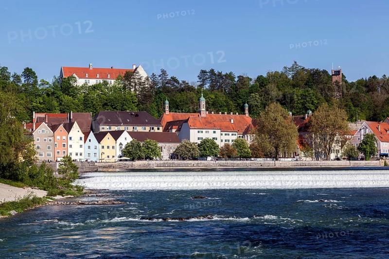 Historic old town centre of Landsberg am Lech, in front of the Lech weir, Upper Bavaria, Bavaria, Germany, Europe