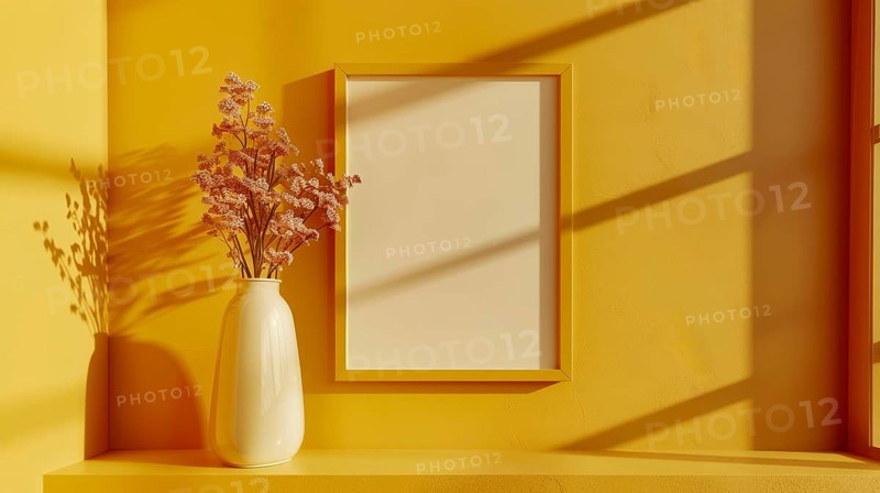 Frame on a yellow wall with a vase of flowers next to it, in bright sunlight with shadows, AI generated