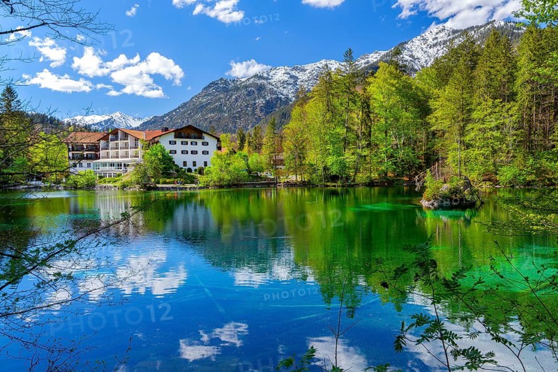 Spring at Lake Badersee with Hotel am Badersee, Zugspitzdorf Grainau, Werdenfelser Land, Bavarian Alps, Upper Bavaria, Bavaria, Germany, Europe
