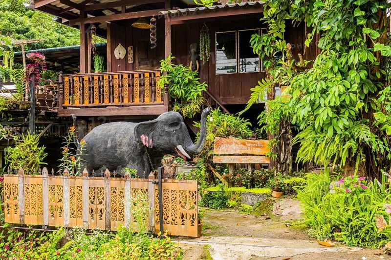 Statue of gray elephant with light blub hanging from trunk standing in front of homestay facility in Thailand